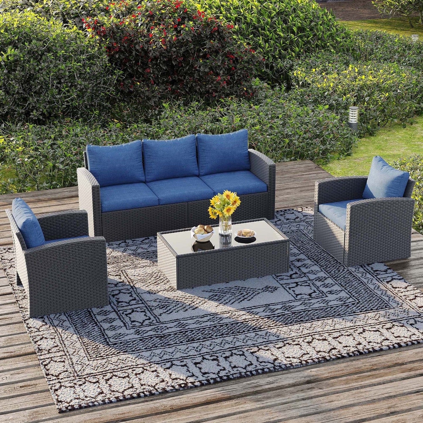 4 Pieces Patio Furniture Set, All Weather PE Wicker Rattan Outdoor Furniture with Coffee Table, Outdoor Sectional Sofa for Lawn Backyard Poolside Porch Garden, Blue