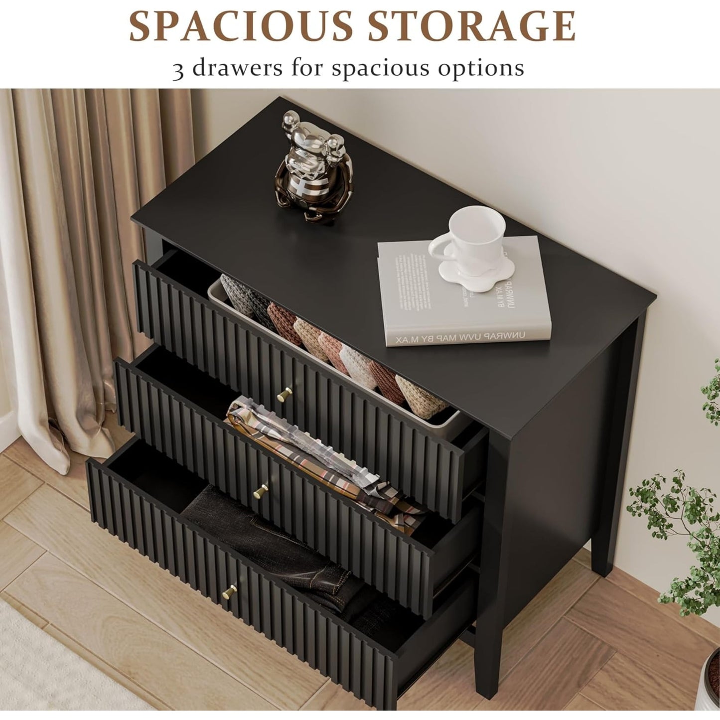 Superjoe Black 3 Drawer Dresser, Painted 30 Inch Tall Wood Nightstand with Storage, Wide Modern Chest of Drawers with Ball Bearing Slide for Bedroom Hallway Living Room Entryway Office