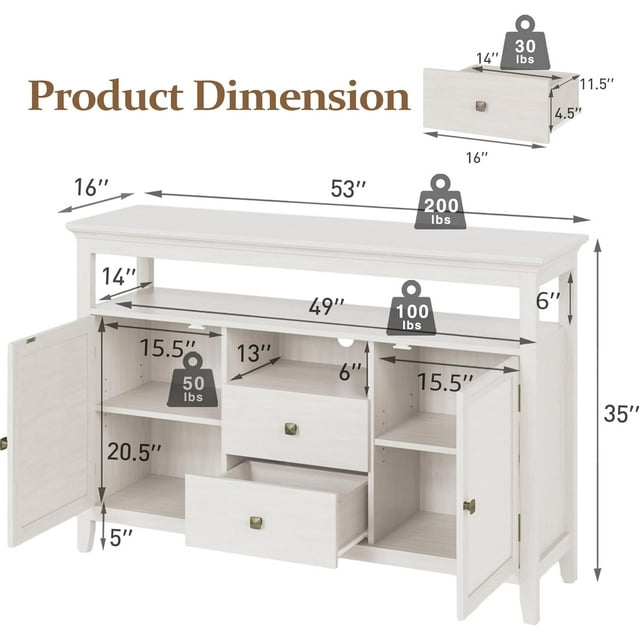 Royalcraft Farmhouse Rattan Storage Cabinet, Boho Sideboard Cabinet with Doors & Drawers, Buffet Cabinet with Adjustable Shelves, Accent Cabinet for Kitchen, Dining Room, Living Room, Grayish White