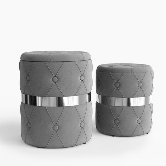 RoyalCraft Storage Ottoman Set of 2, Versatile Footrest Stool with Stainless Steel Base, Modern Round Vanity Stool Chair Foot Stools, Support 200lbs Padded Seat, for Living Room, Bedroom