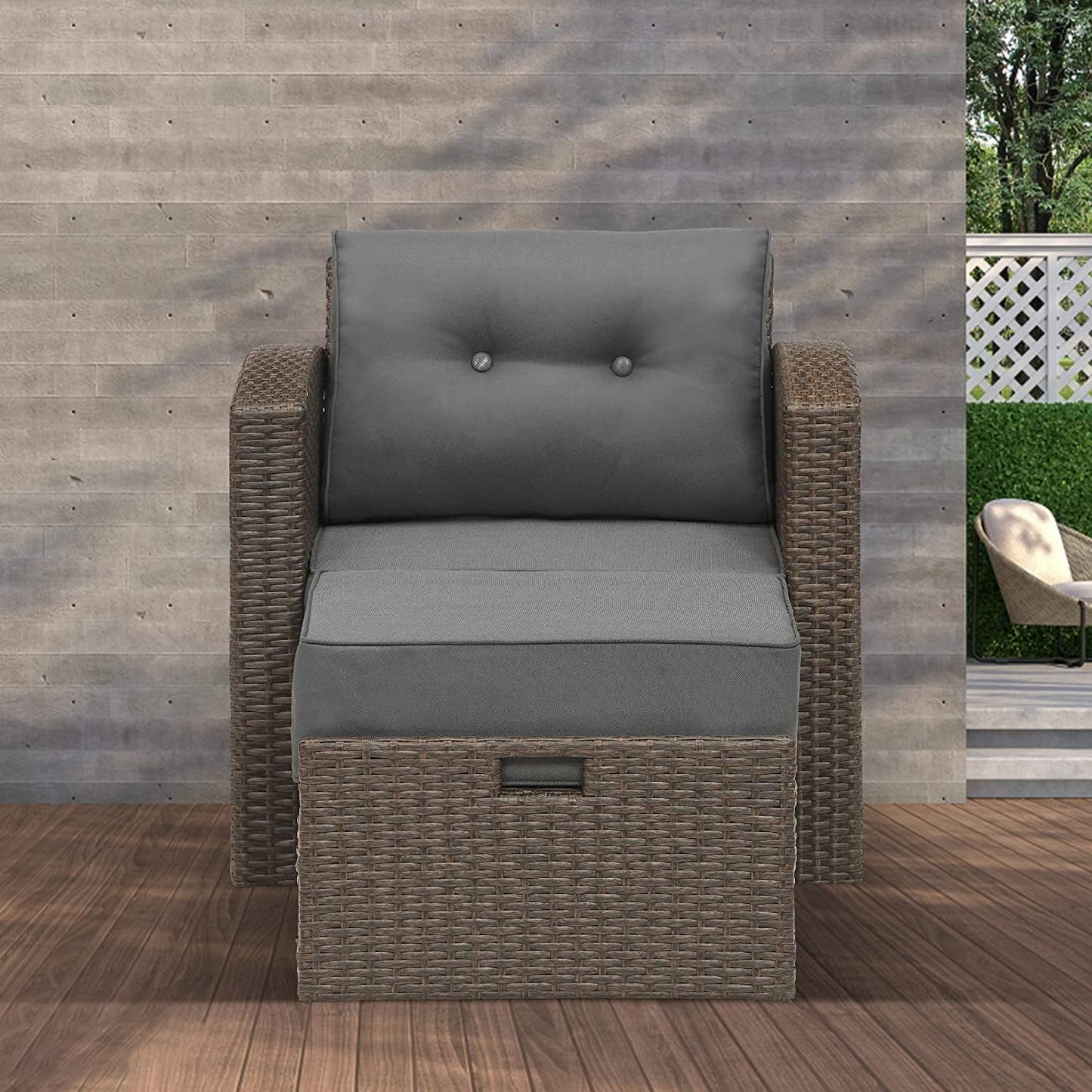 sunvivicollection Patio Wicker Armchair with Ottoman, 2 Pieces PE Wicker Outdoor Conversation Set Outdoor Sectional Sofa for Garden, Beach, Balcony and Poolside, Aluminum Frame