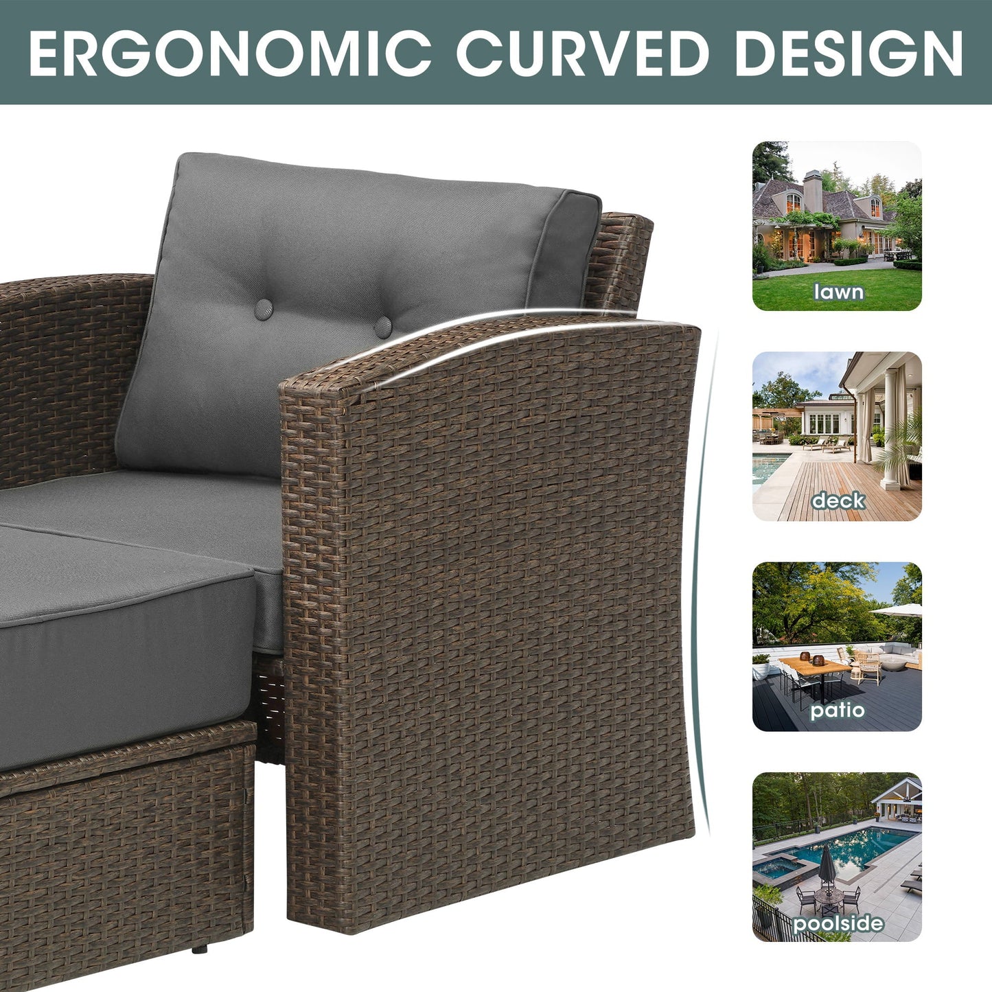 sunvivicollection 4 Pieces Wicker Furniture Single Chair with Ottoman,All-Weather Brown Rattan Outdoor ArmChair Sofa Set with Dark Grey Non-slip Cushions,Aluminum Frame