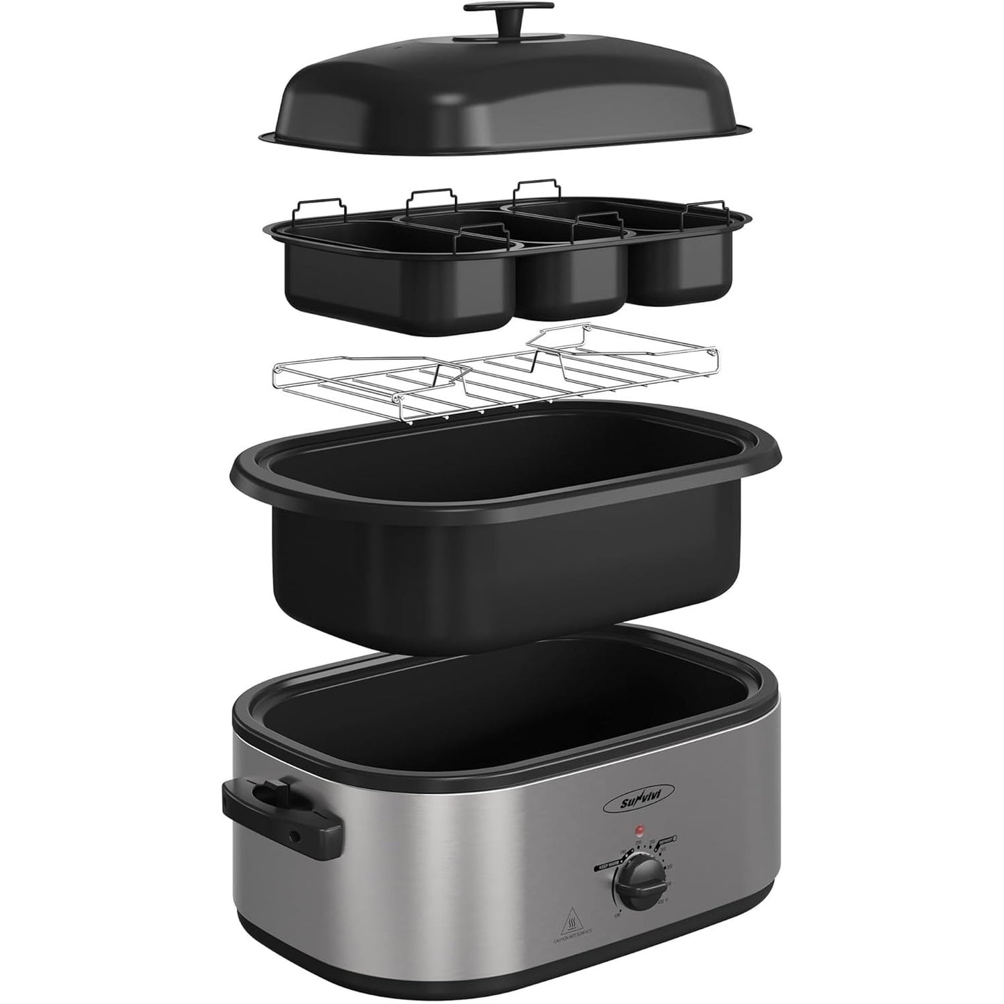 Superjoe Electric Roaster Oven, 20 QT Roaster with 3 Compartments and Self-Basting Lid, Turkey Roaster Oven with 150-450°F Full-Range Temperature Control, Removable Pan Rack, Stainless Steel, Silver