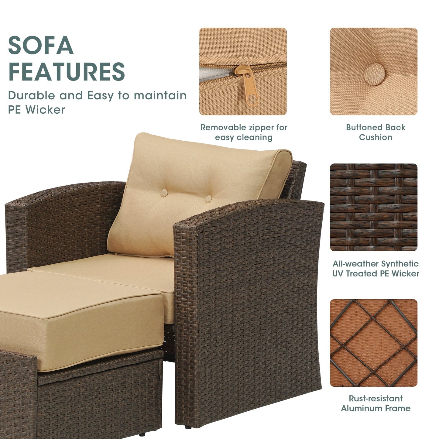 SUNVIVI OOTDOOR 4 Pieces Wicker Furniture Single Chair with Ottoman,All-Weather Brown Rattan Outdoor ArmChair Sofa Set with Beige Non-slip Cushions,Aluminum Frame