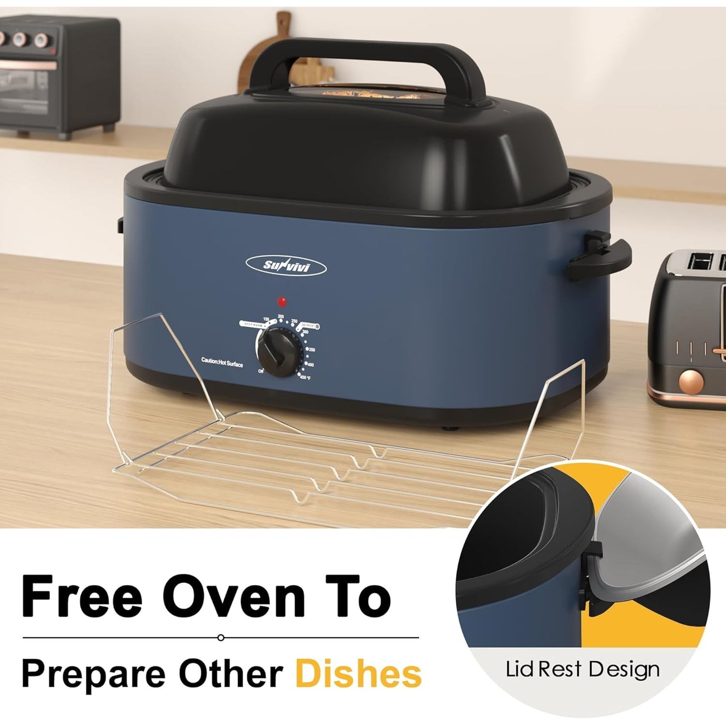 Superjoe 30lb 26-Quart Roaster Oven, Electric Roaster Oven with Viewing Lid, Turkey Roaster with Unique Defrost/Warm Function, Large Roaster with Removable Pan & Rack, Stainless Steel, Blue