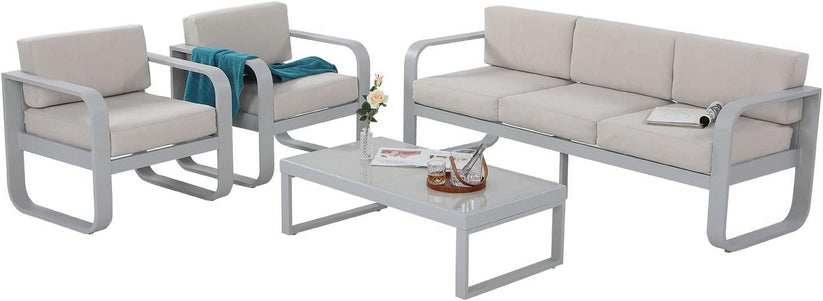 Royalcraft Aluminum Patio Furniture, Outdoor Metal Patio Furniture Conversation Set with Coffee Table, Outside Patio Sofa Sets with Cushion for Balcony Backyard Garden, Beige