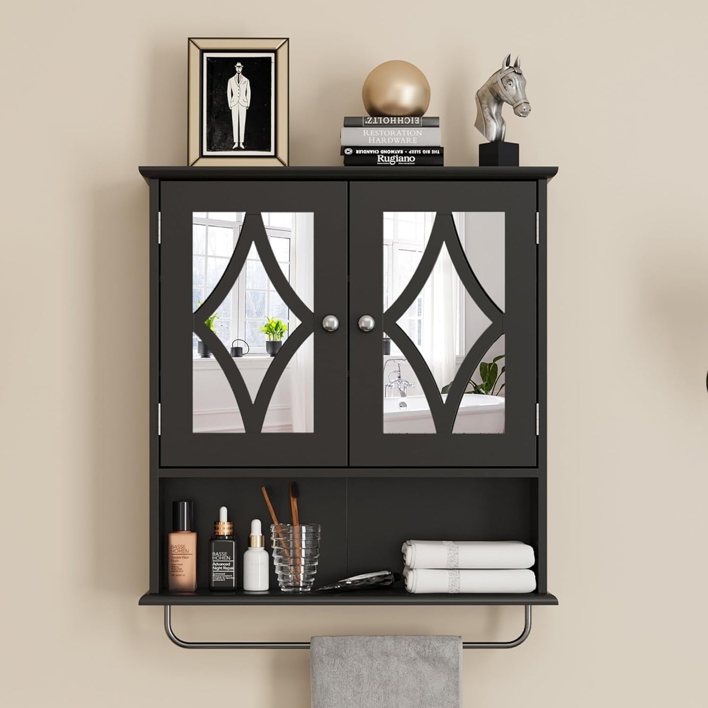 Superjoe Bathroom Medicine Cabinet with Mirror, Vanity Wall Mounted Storage Cabinet with Adjustable Shelves and Towel Bar, Hanging Wall Cabinet for Bathroom, Laundry, Living Room, Black