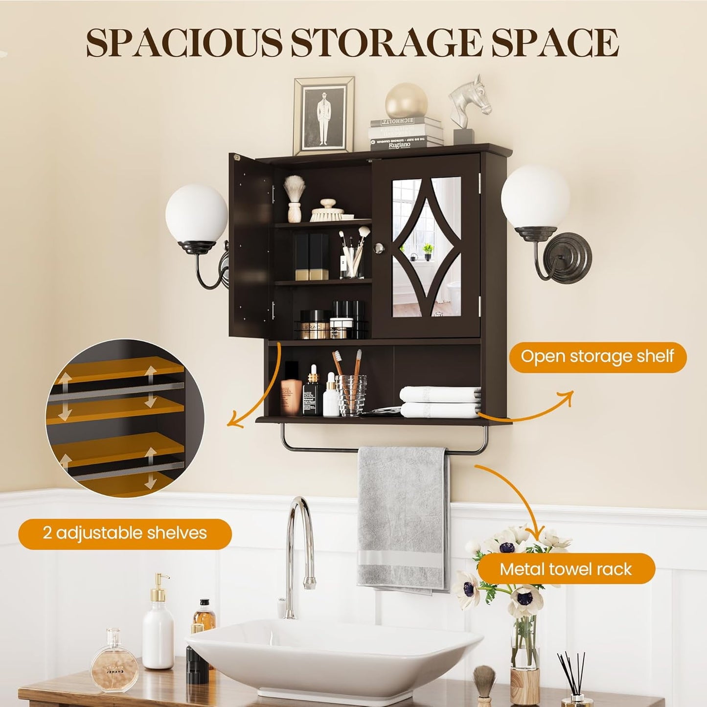 Superjoe Bathroom Medicine Cabinet with Mirror, Vanity Wall Mounted Storage Cabinet with Adjustable Shelves and Towel Bar, Hanging Wall Cabinet for Bathroom, Laundry, Living Room, Brown