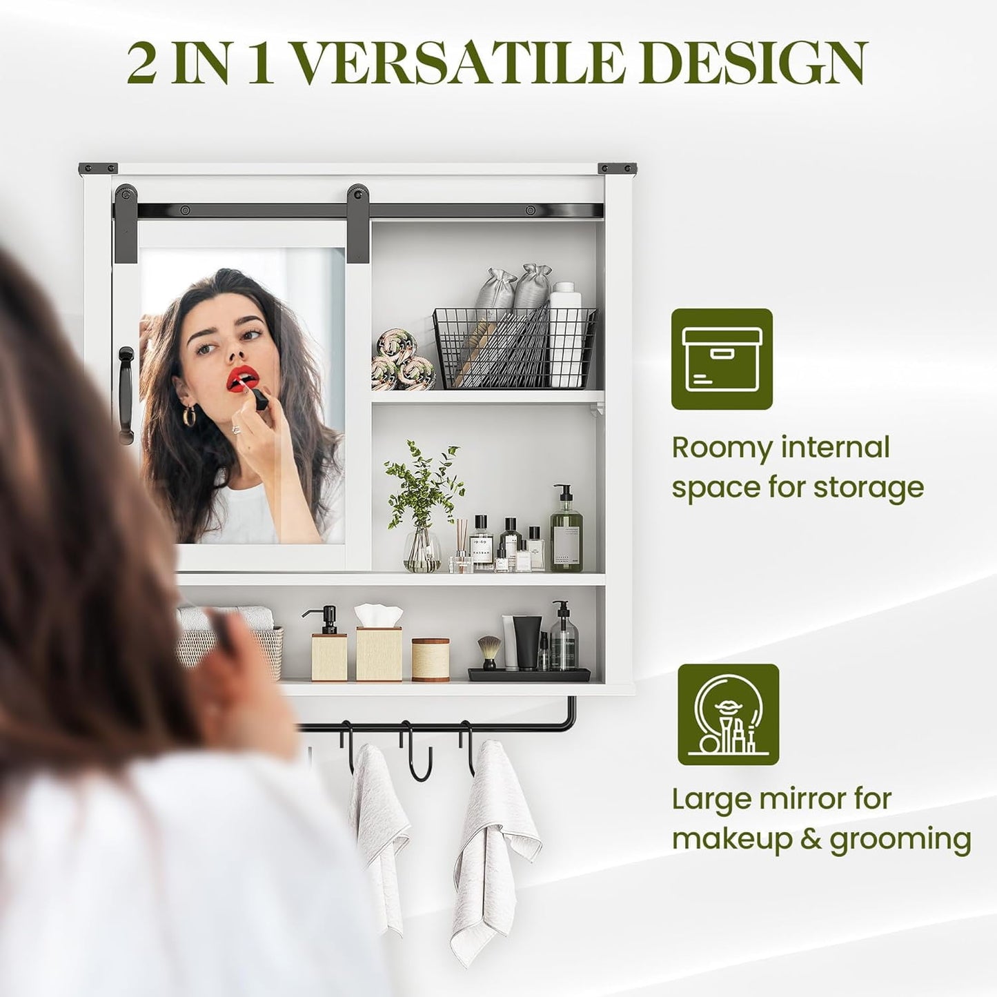 Superjoe 28in Bathroom Cabinet Wall Mount with Sliding Mirror Door, Over The Toilet Storage Cabinet, Farmhouse Medicine Cabinet with Shelves and Towel Bar for Living Room, 28" W x 29" H, White