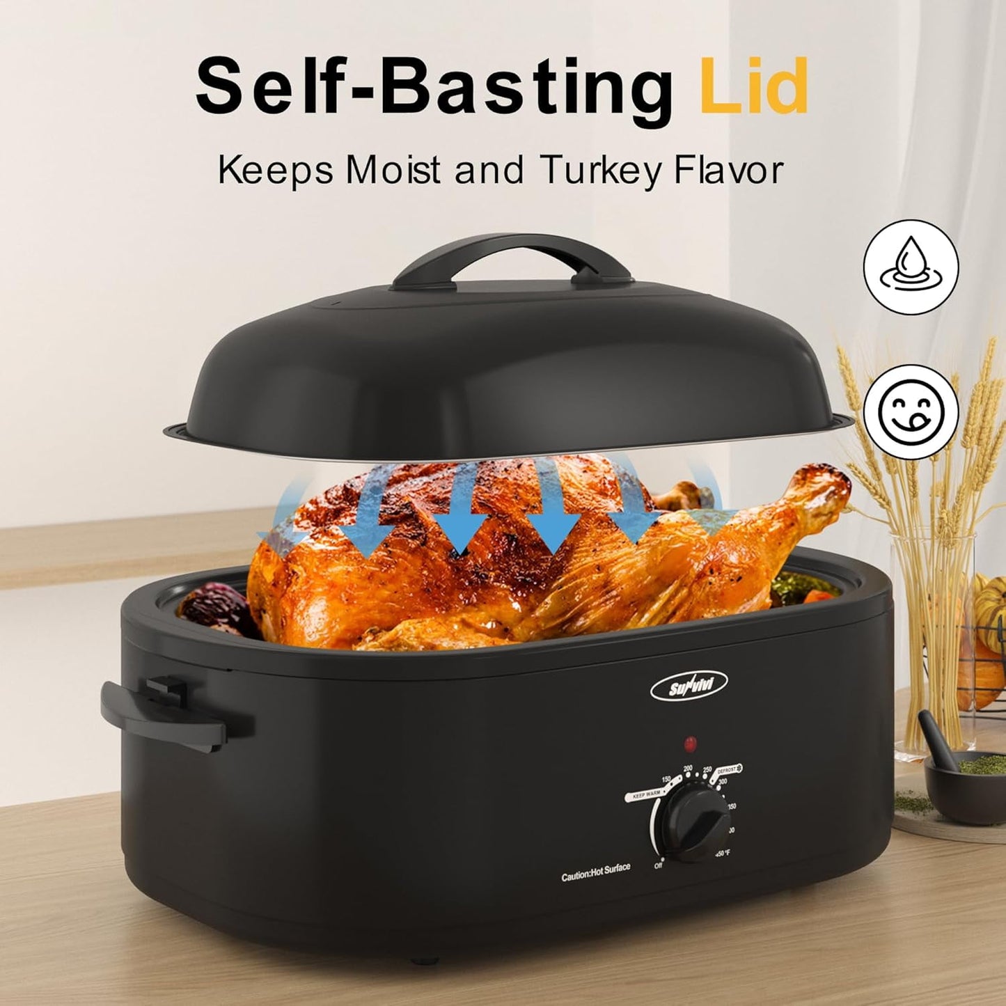 Superjoe 18QT Roaster Oven, Electric Roaster Oven with Viewing Lid, Turkey Roaster with Unique Defrost/Warm Function, Large Roaster with Removable Pan & Rack, Stainless Steel, Black