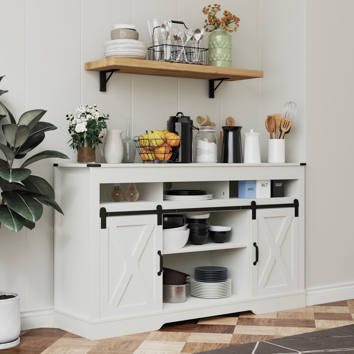 Superjoe Farmhouse Sliding Barn Door TV Stand for TVs up to 70", Modern Wood Tall Entertainment Center Media Console Storage Cabinet for Living Room Bedroom, White