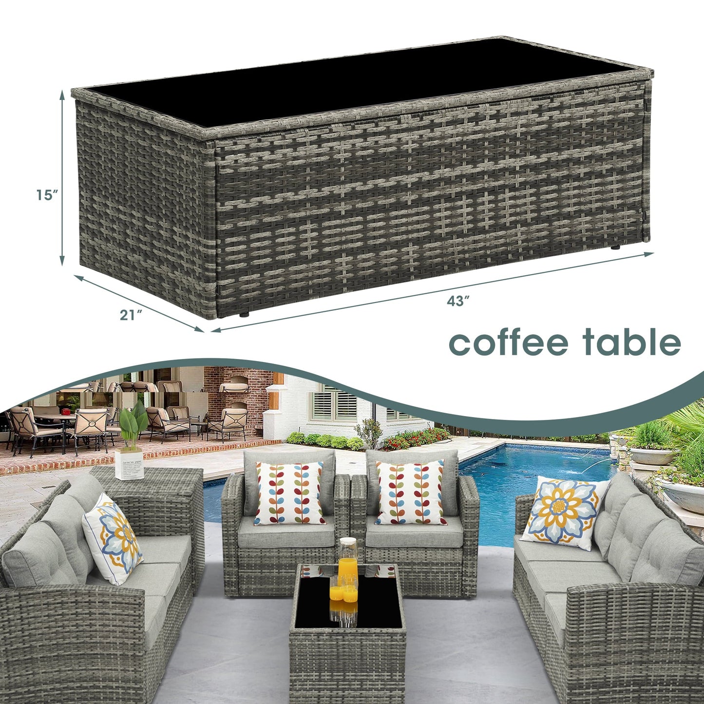 sunvivicollection Outdoor Coffee Table, Grey Wicker Table for Patio Sectional Furniture, All-Weather Aluminum Frame Rectangular Coffee Table with Glass Top