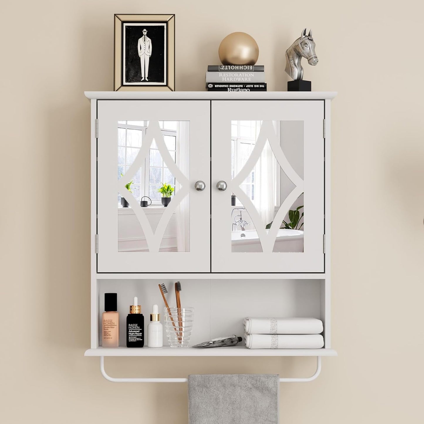 Superjoe Bathroom Medicine Cabinet with Mirror, Vanity Wall Mounted Storage Cabinet with Adjustable Shelves and Towel Bar, Hanging Wall Cabinet for Bathroom, Laundry, Living Room, White