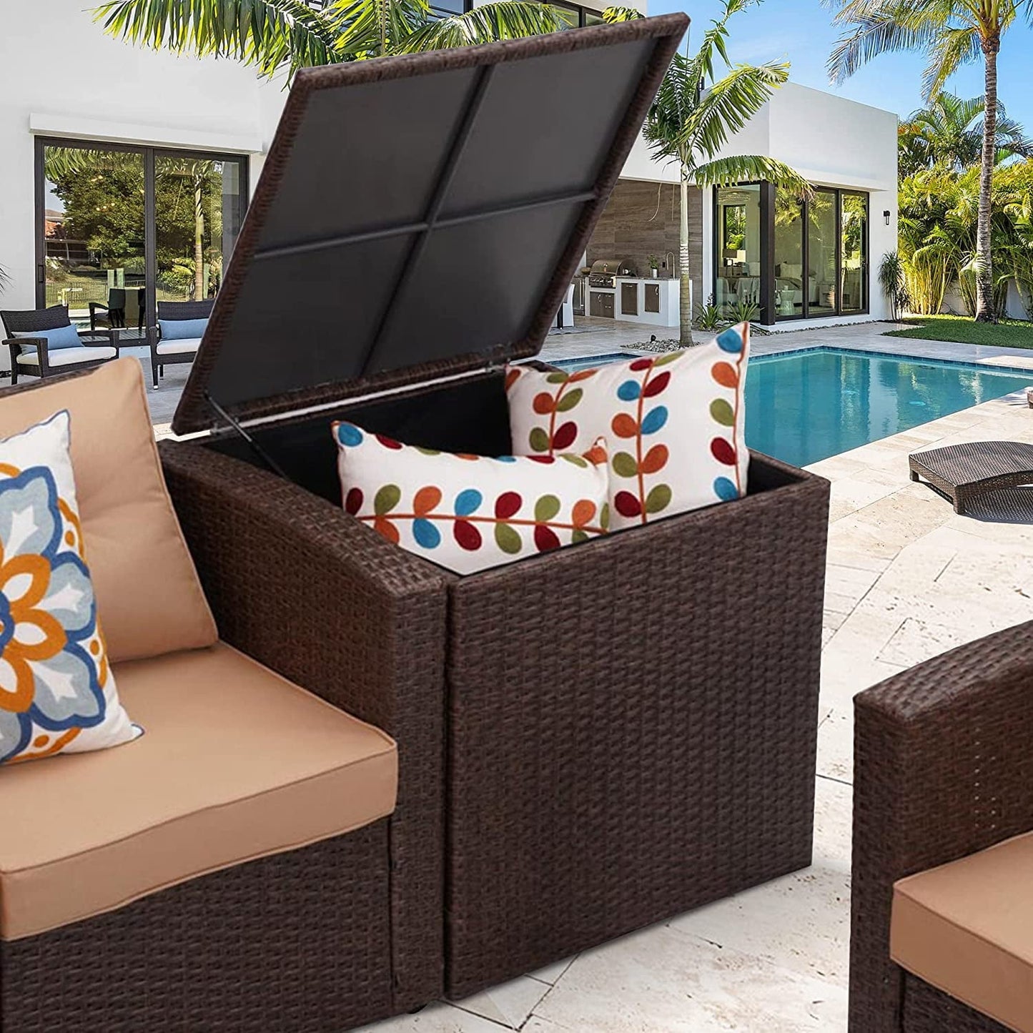 Sunvivi Outdoor/Indoor Wicker Storage Box, Rattan Bin Deck Box for Cushions, Tools and Toys Brown for Garden, Beach, Balcony and Poolside