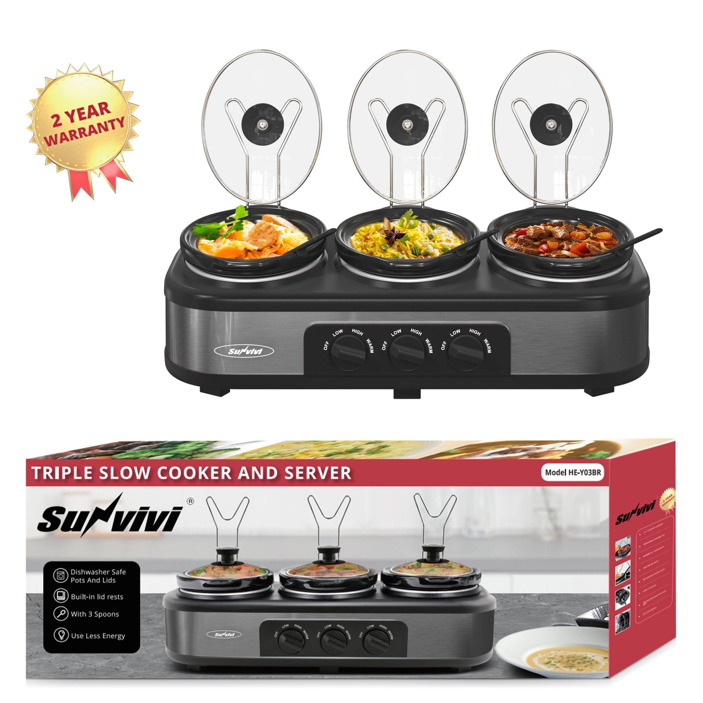 SUNVIVI Dual Pot Slow Cooker, 2 Pot Small Mini Crock Buffet Server and Warmer with Ceramic Pot, Adjustable Temp