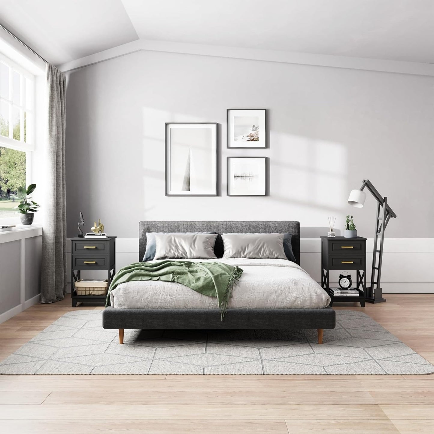 Superjoe Tall Nightstand Set of 2, Side Table with 2 Drawers and Open Shelf Below, Bedside Table with Solid Feet, Modern Night Stand End Table for Bedroom, Living Room, Home Office, Black