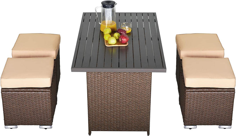 Royalcraft Outdoor Wicker Dining Table, Rectangle Rattan Patio Furniture Dining Table with Aluminum Top, Brown