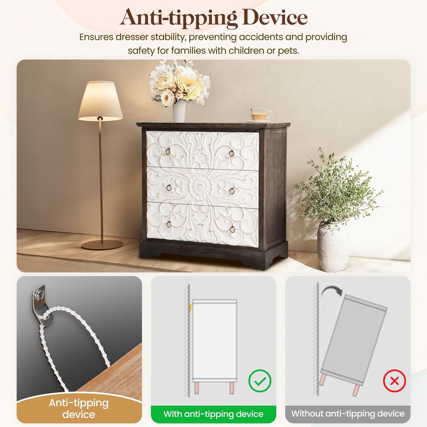 Superjoe 3 Drawer Dresser, 3 Chest of Drawers, Accent Storage Cabinet with Drawers, Wooden Closet Organizer, Bedside Table with Gourd Legs, Farmhouse Nightstand for Bedroom Hallway Living Room, Grey