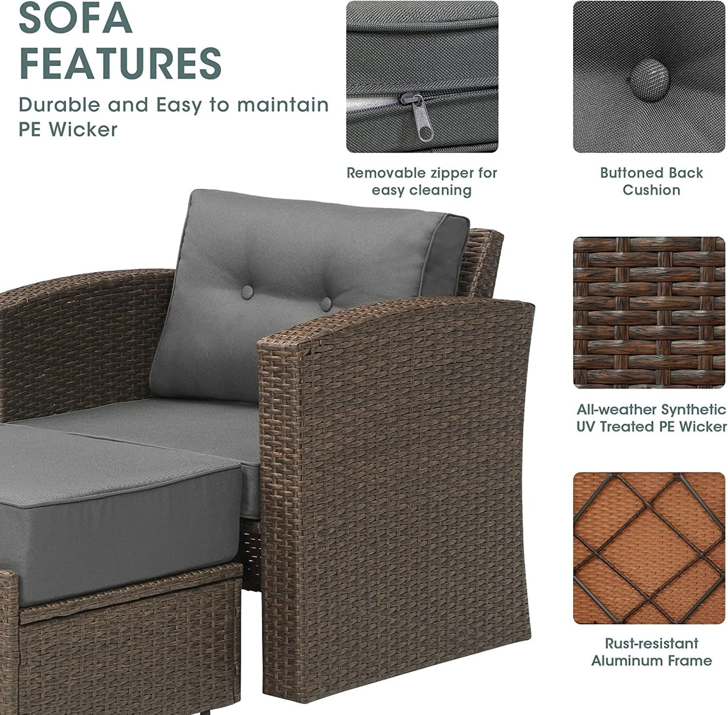 sunvivicollection Patio Wicker Armchair with Ottoman, 2 Pieces PE Wicker Outdoor Conversation Set Outdoor Sectional Sofa for Garden, Beach, Balcony and Poolside, Aluminum Frame