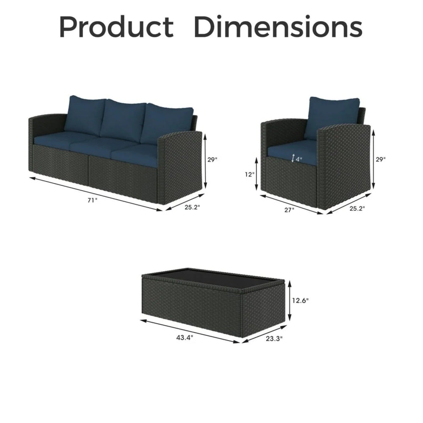 4 Pieces Patio Furniture Set, All Weather PE Wicker Rattan Outdoor Furniture with Coffee Table, Outdoor Sectional Sofa for Lawn Backyard Poolside Porch Garden, Blue