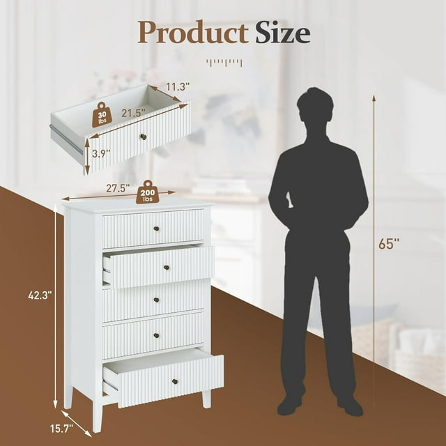 Royalcraft Dresser for Bedroom, Modern 5 Drawers Dresser with Silent Slide Drawers, Tall Chest of Drawers, Wood Storage Cabinet Organizer for Living Room, Nursery, Hallway, Entryway