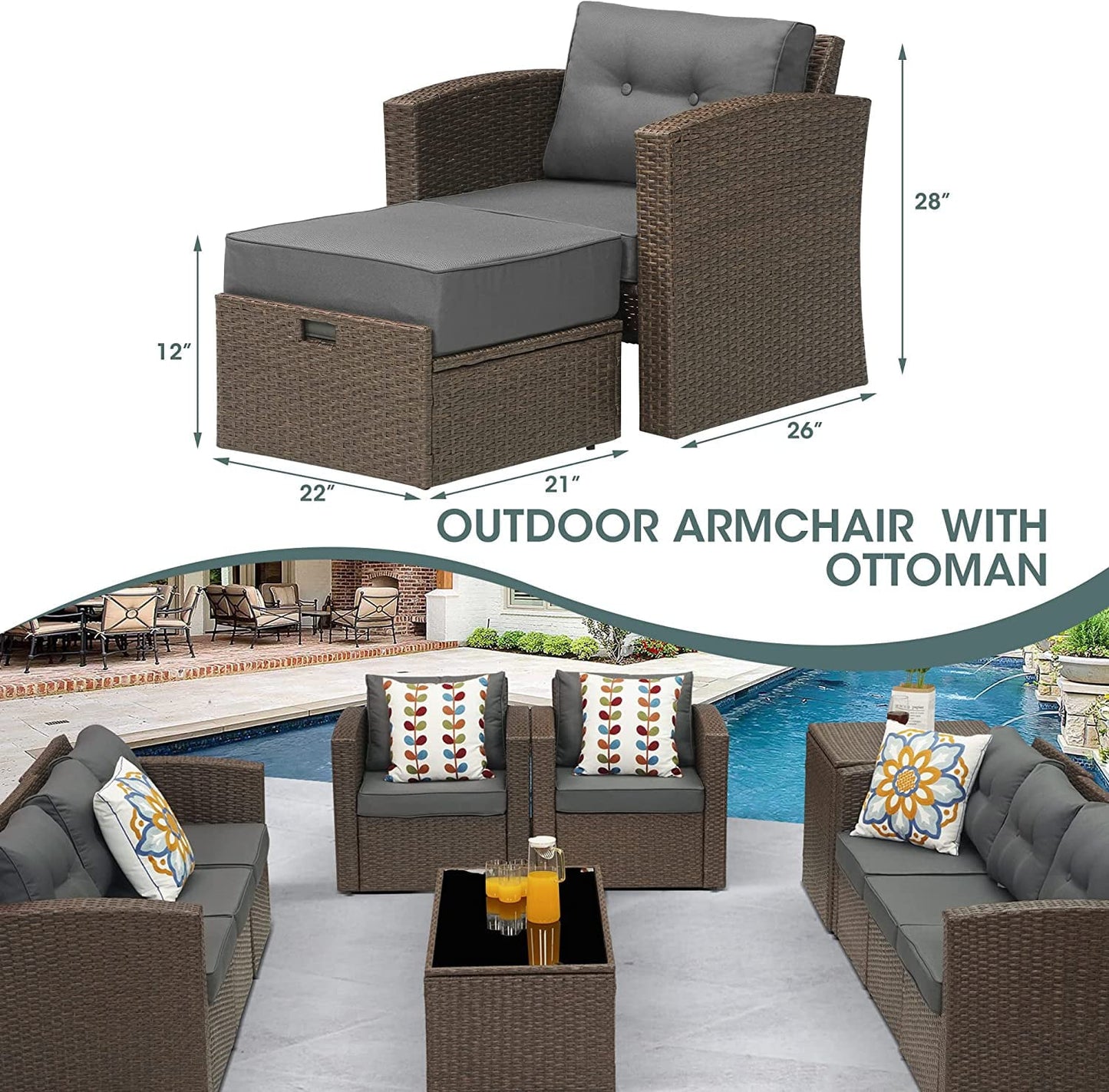 sunvivicollection Patio Wicker Armchair with Ottoman, 2 Pieces PE Wicker Outdoor Conversation Set Outdoor Sectional Sofa for Garden, Beach, Balcony and Poolside, Aluminum Frame