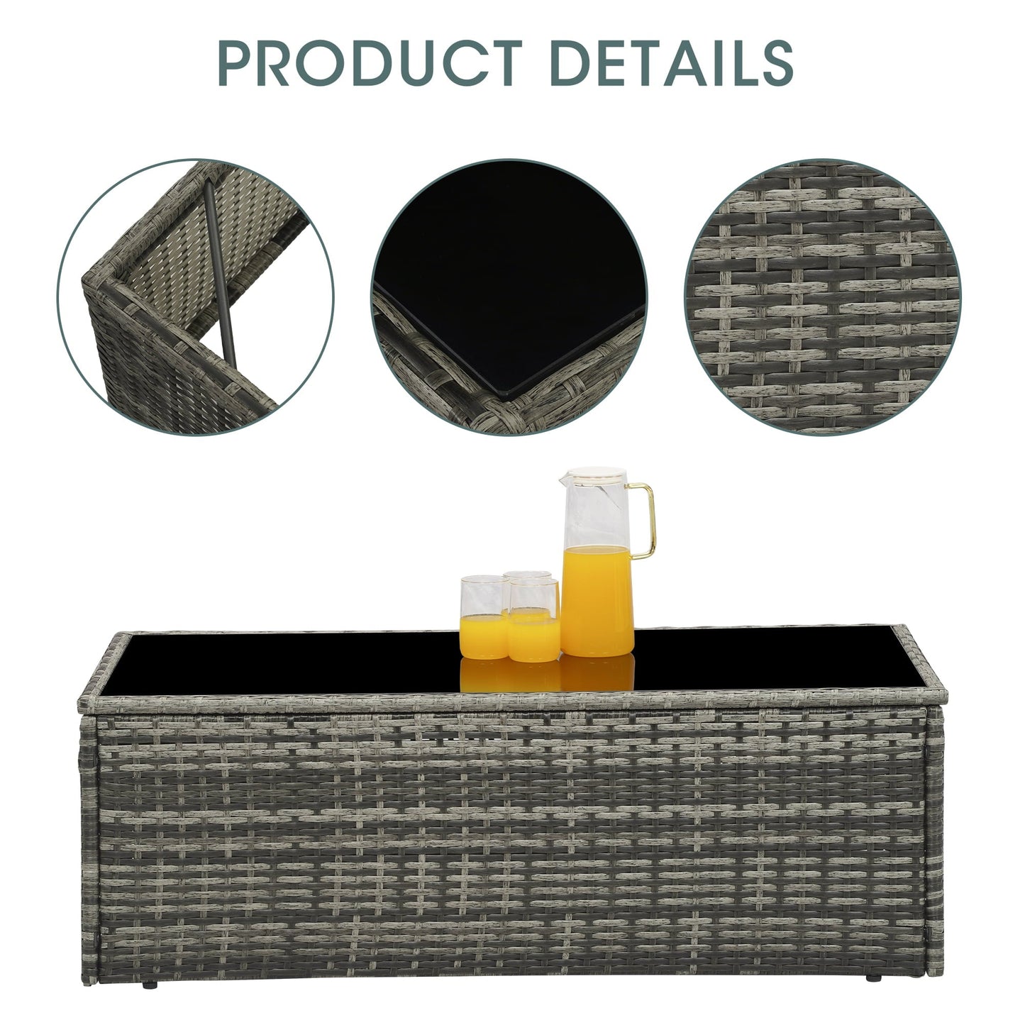 sunvivicollection Outdoor Coffee Table, Grey Wicker Table for Patio Sectional Furniture, All-Weather Aluminum Frame Rectangular Coffee Table with Glass Top