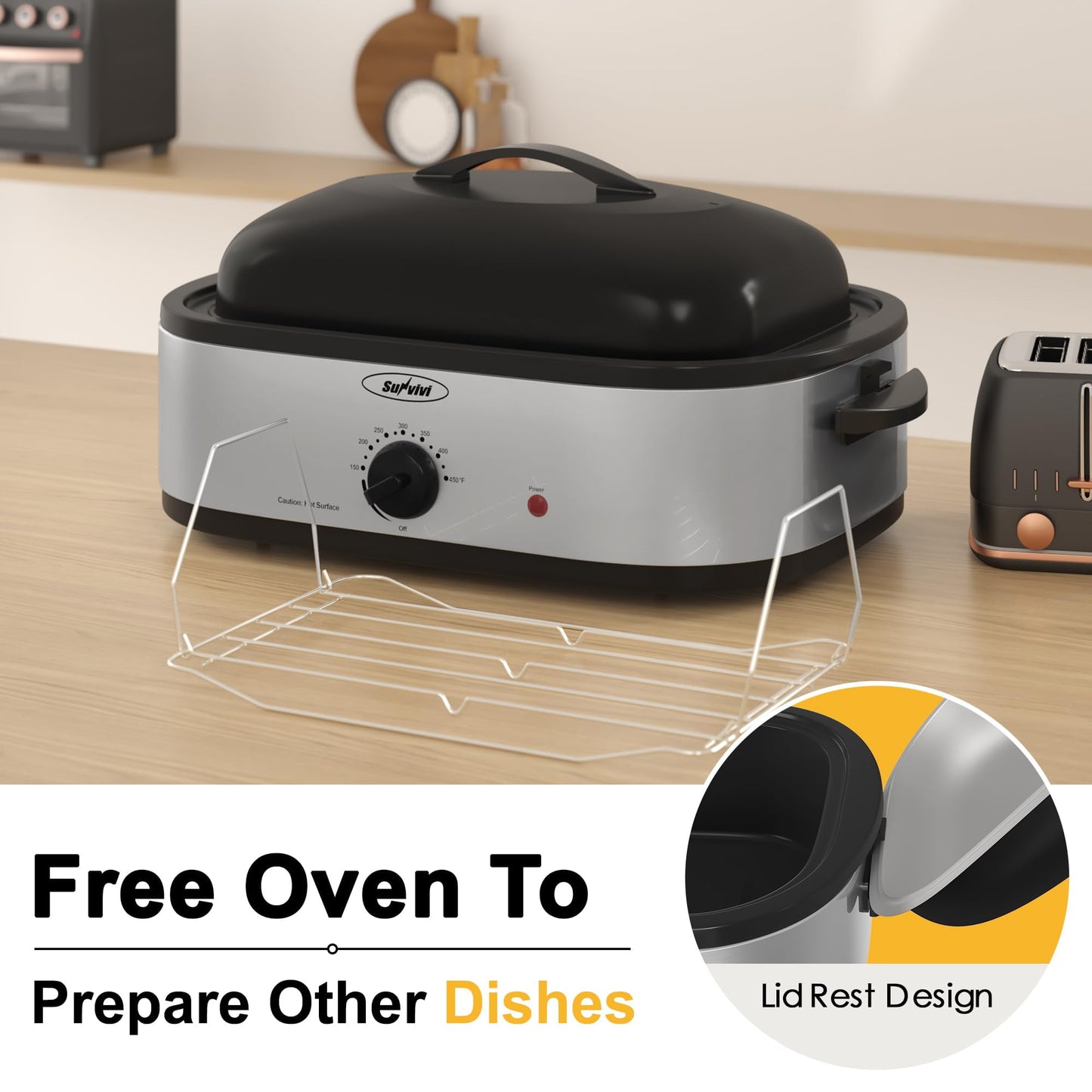 Superjoe 14-Quart Electric Roaster Oven with Self-Basting Lid, Turkey Roaster Oven with Rack, Stainless Steel, Silver