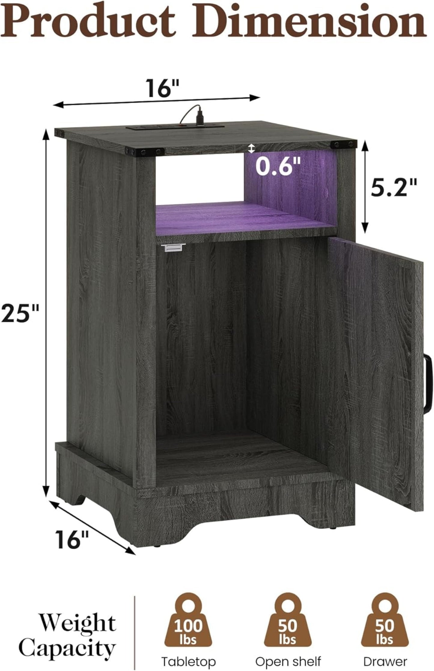 Superjoe LED Nightstand Set of 1 with Charging Station, Bedside Table with Storage Cabinet and Shelf, Rustic End Table, Farmhouse Wooden Side Table, for Bedroom, Living Room, Grey