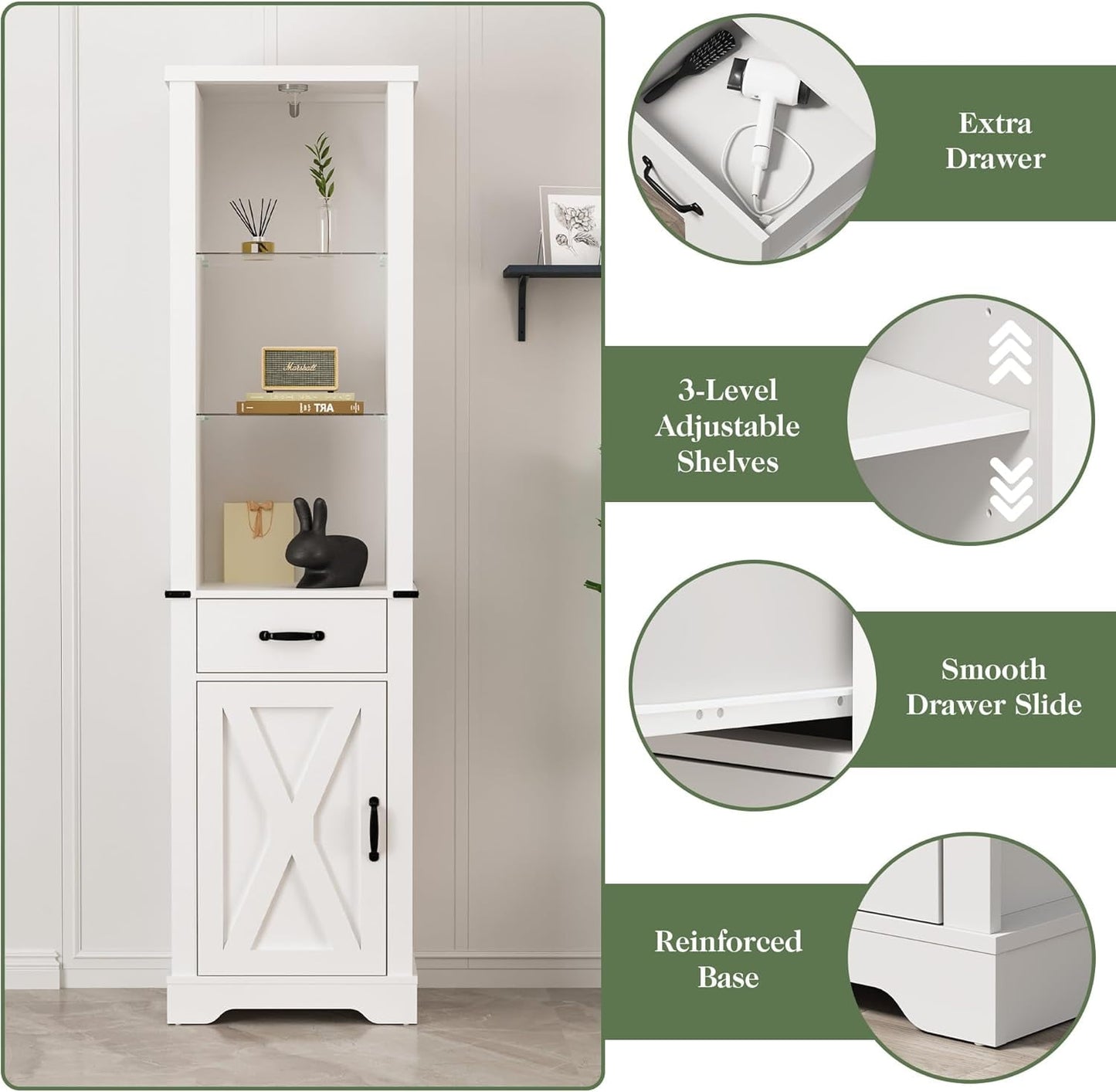 Superjoe 75'' Tall Storage Cabinet with LED Light, Farmhouse Pantry Cabinet with Tempered Glass Adjustable Shelves & Barn Door, Freestanding Linen Tower for Bathroom, Living Room, Kitchen, White