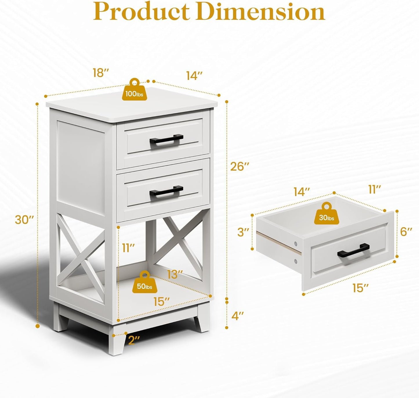 Superjoe Tall Nightstand Set of 1, Side Table with 2 Drawers and Open Shelf Below, Bedside Table with Solid Feet, Modern Night Stand End Table for Bedroom, Living Room, Home Office, White
