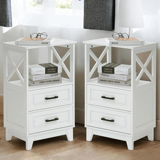 CozyHom Tall Nightstand Set of 2, Bedside Table with X Shaped Design, Wooden Rustic End Table with 2 Large Storage Drawers and Large Open Shelf for Bedroom, Living Room, White