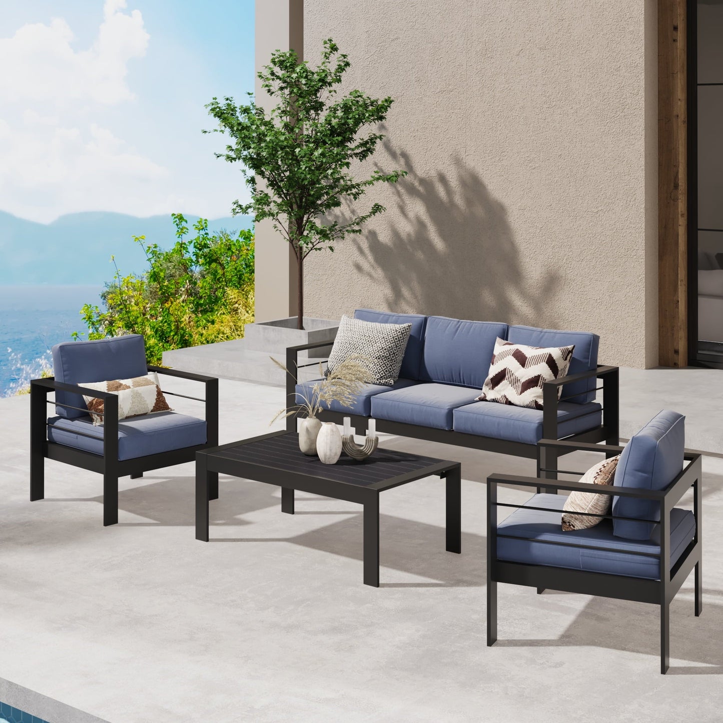 Superjoe 4 Pcs Aluminum Outdoor Furniture Set 5 Seats Patio Conversation Sofa Set Sectional Counch with Coffee Table Black Frame Blue Cushion