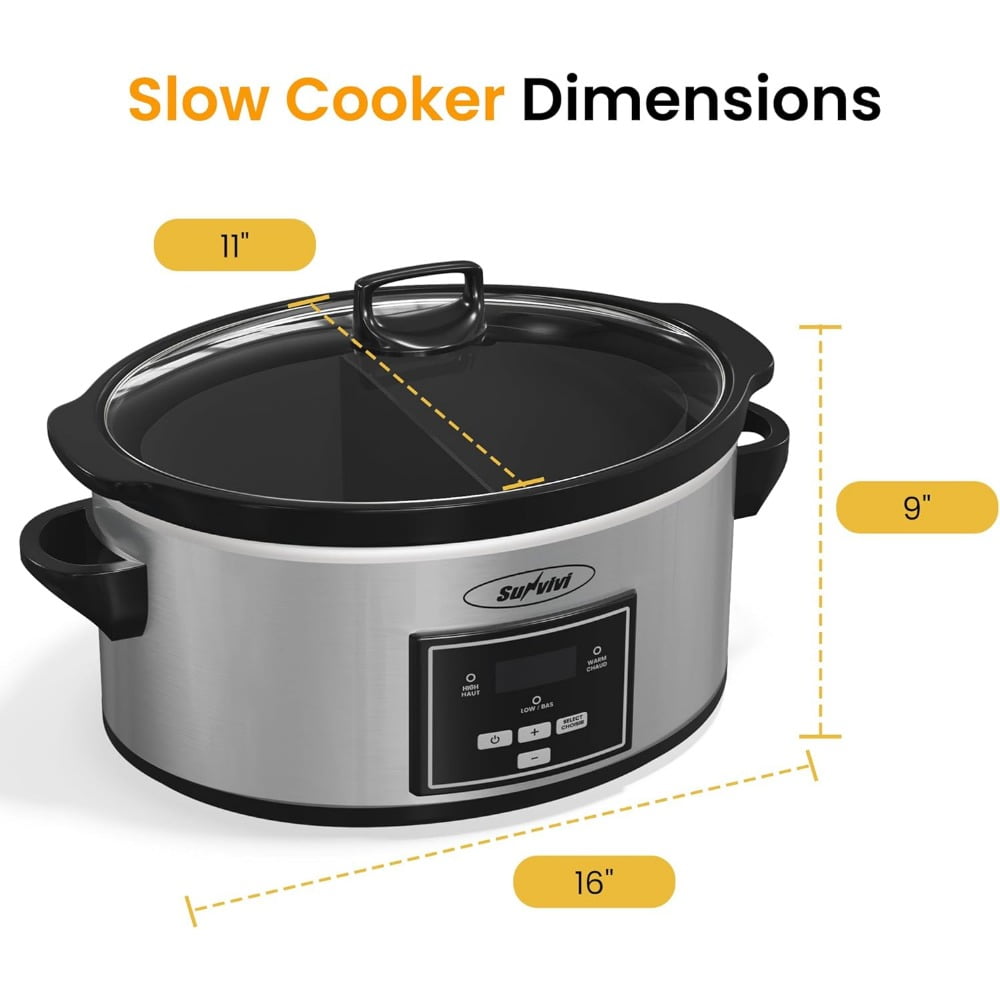 Superjoe Programmable Slow Cooker 6 Quart with 2 in 1 Silicone Liners, Multi-Cooker Food Warmer with Digital Timer, 3 Cooking Settings, Dishwasher-Safe Removable Ceramic Pot & Lid, Silver.