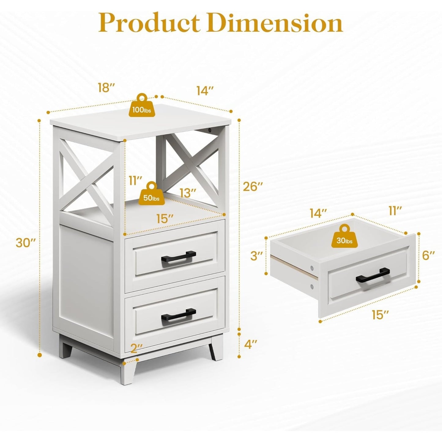 Superjoe Tall Nightstand Set of 2, Side Table with 2 Drawers and Open Shelf Top, Bedside Table with Solid Feet, Modern Night Stand End Table for Bedroom, Living Room, Home Office, White