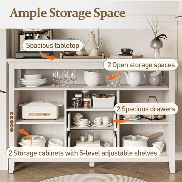 Royalcraft Farmhouse Rattan Storage Cabinet, Boho Sideboard Cabinet with Doors & Drawers, Buffet Cabinet with Adjustable Shelves, Accent Cabinet for Kitchen, Dining Room, Living Room, Grayish White