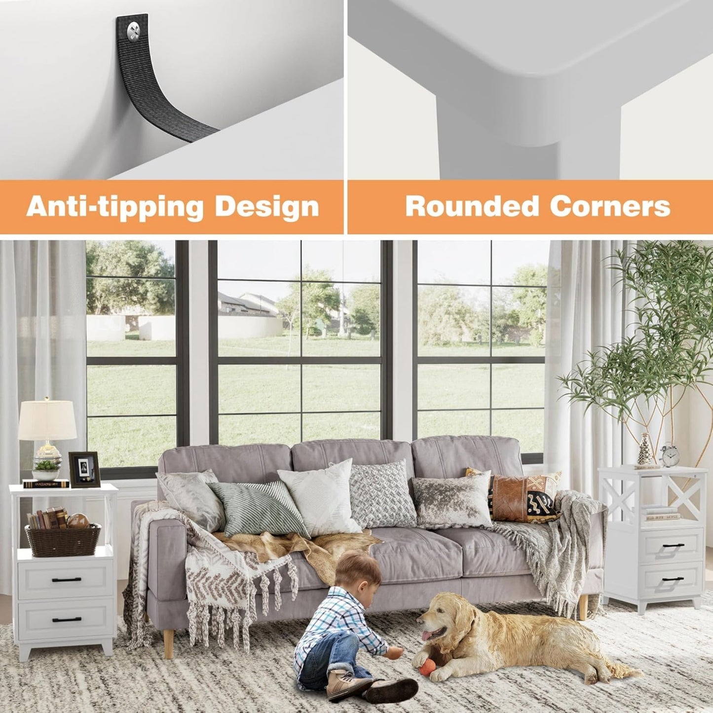 Superjoe Tall Nightstand Set of 2, Side Table with 2 Drawers and Open Shelf Top, Bedside Table with Solid Feet, Modern Night Stand End Table for Bedroom, Living Room, Home Office, White