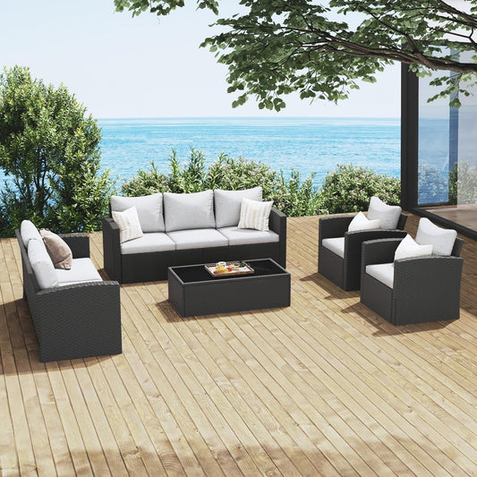 sunvivicollection 8 Pieces Patio Furniture Sets, All-Weather Outdoor Sectional Wicker Conversation Set Outside Rattan Couch Sofa with Coffee Table and Grey Cushion