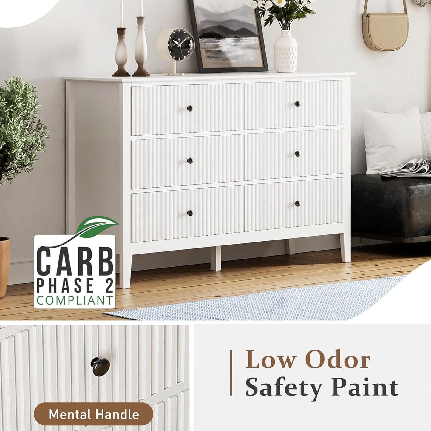 White 6 Drawer Dresser 47" Wide, Modern Wood Chest of Drawers, Double Silent Slide Drawers Storage Organizer Cabinet for Bedroom, Nursery, Living Room, Hallway