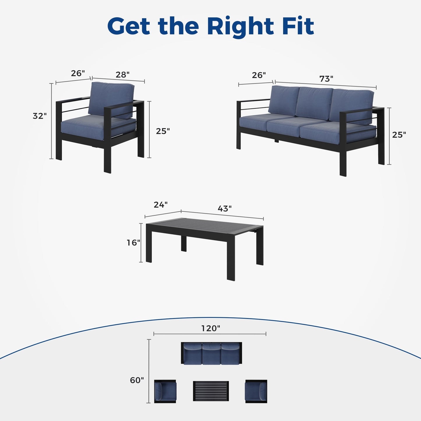 Superjoe 4 Pcs Aluminum Outdoor Furniture Set 5 Seats Patio Conversation Sofa Set Sectional Counch with Coffee Table Black Frame Blue Cushion