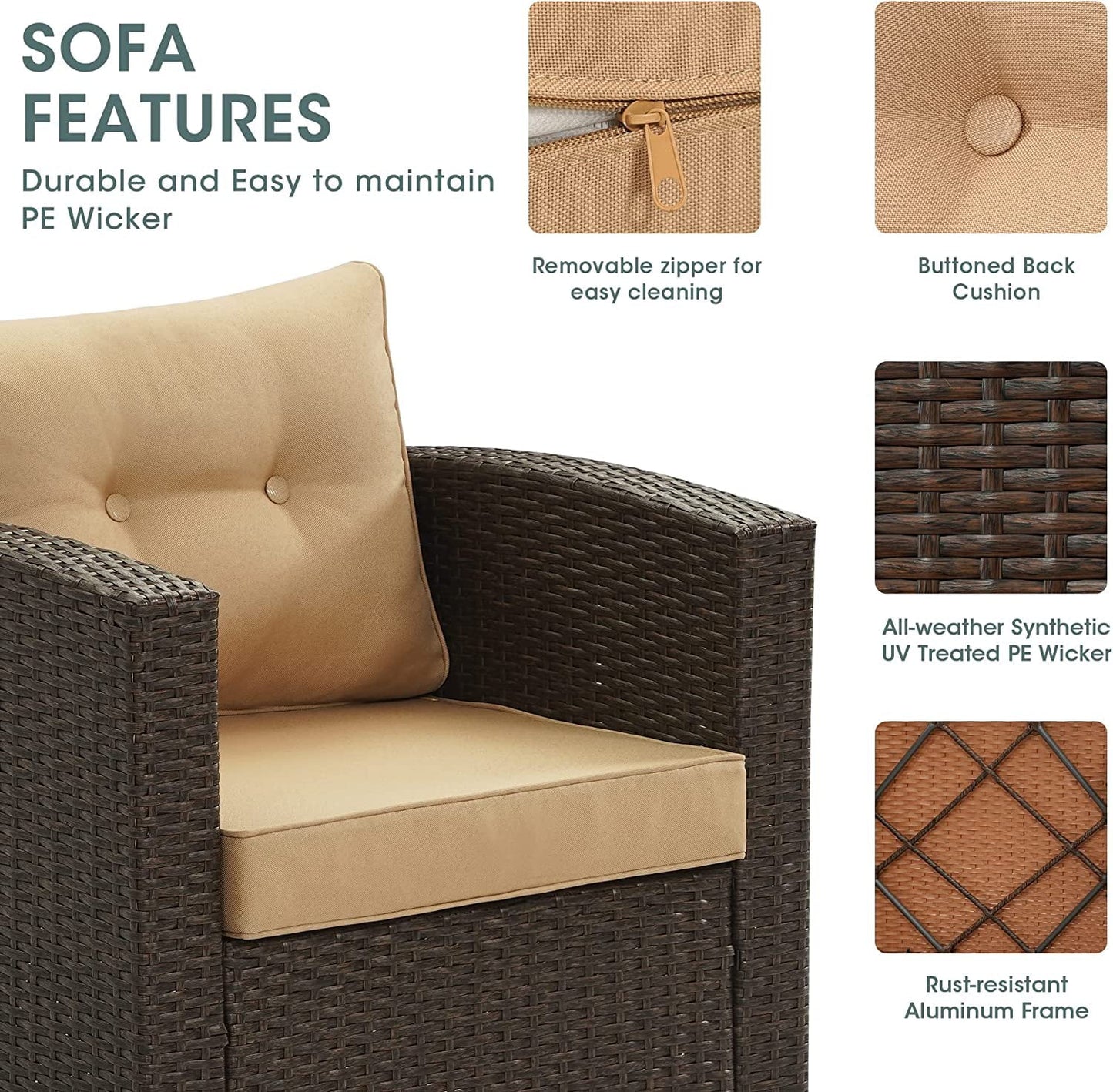 sunvivicollection Patio Furniture Set with Cushions, PE Wicker Outdoor Conversation Set Outdoor Sectional Sofa for Garden, Beach, Balcony and Poolside, Aluminum Frame