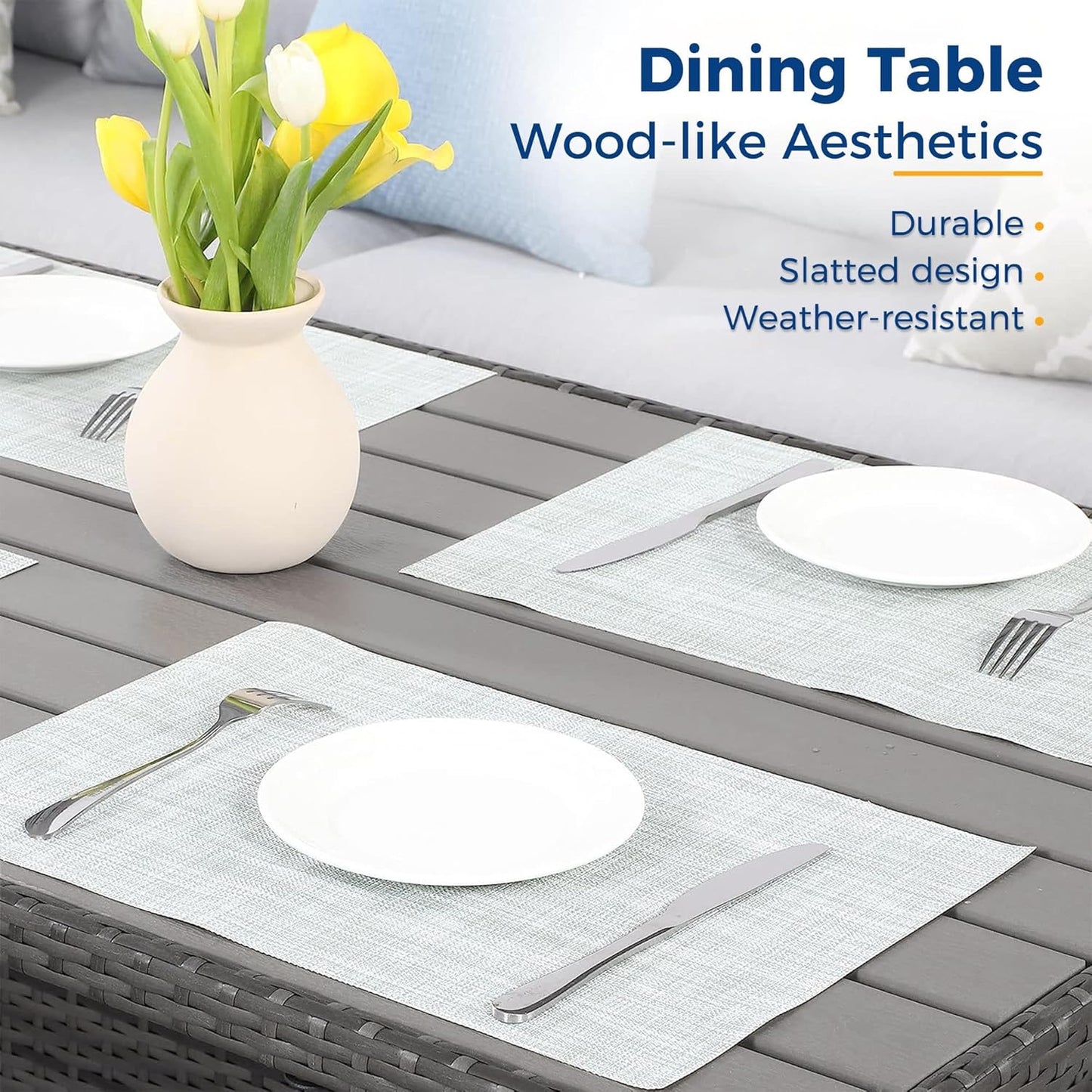 RoyalCarft 7 Pcs Outdoor Conversation Set All Weather Wicker Sectional Sofa Set Dining Table Chair and Ottoman,Steel Frame