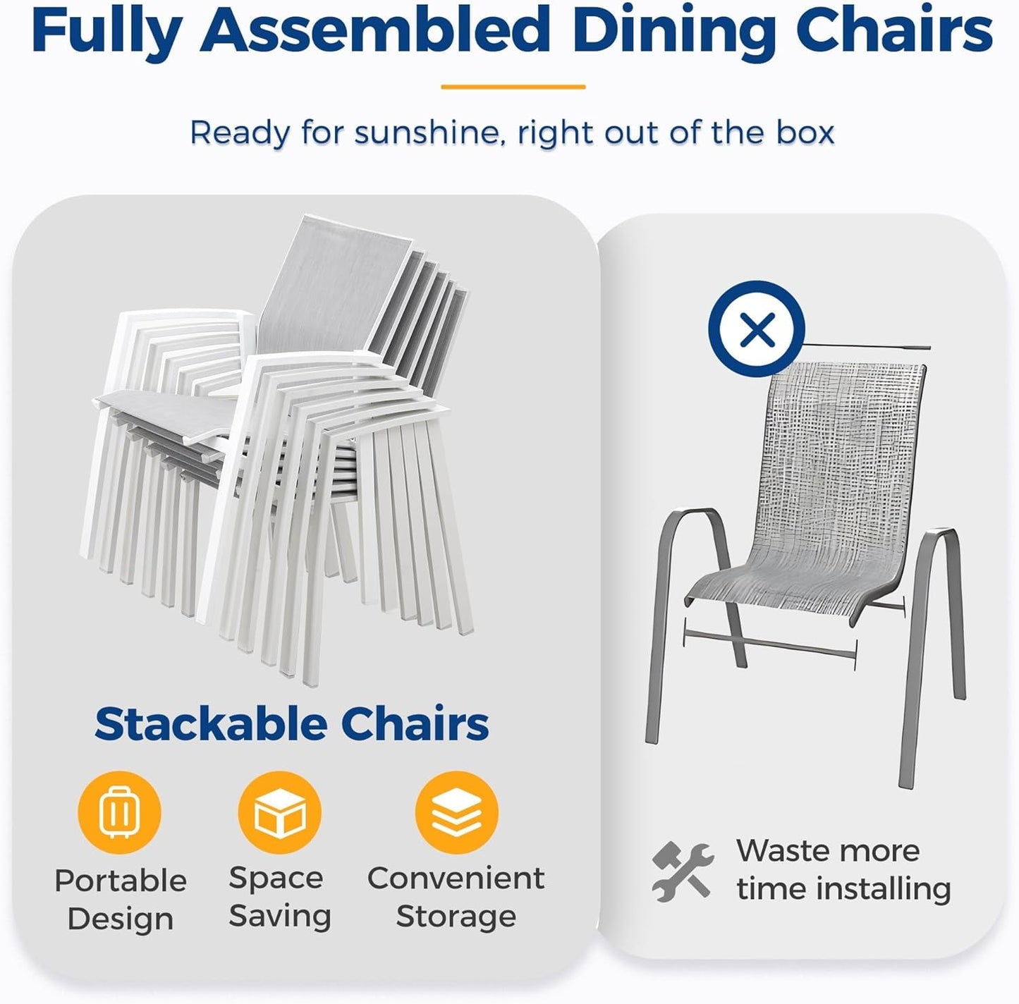 Superjoe Outdoor Patio Aluminum Dining Chairs Furniture Set of 6, Outside Stackable Furniture for Lawn, Balcony, Quick-Drying Textilene Fabric, White